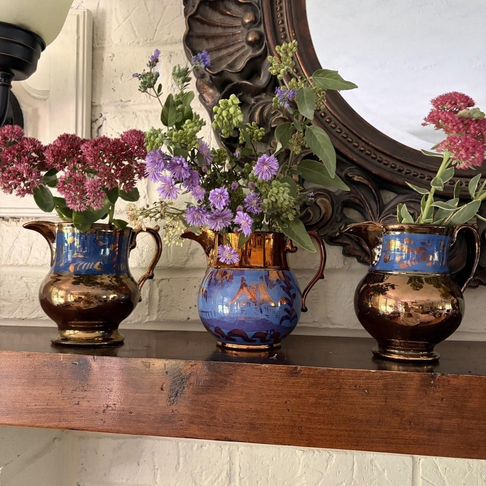 Antique Staffordshire Copper Lusterware Jugs Pitchers set of 3 Blue 19th Century